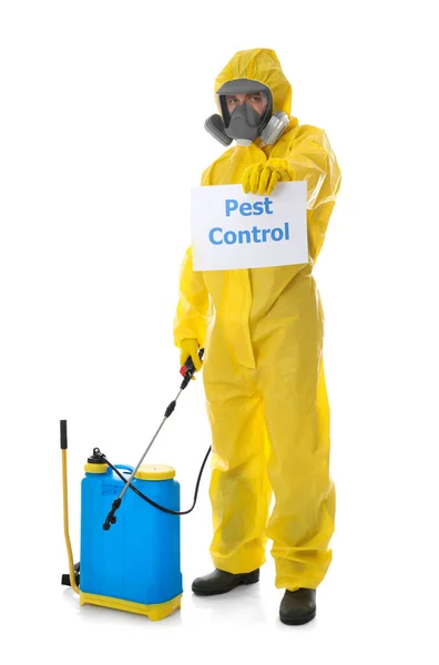 Man Wearing Protective Suit Insecticide Sprayer Sign Pest Control White — Stock Photo, Image