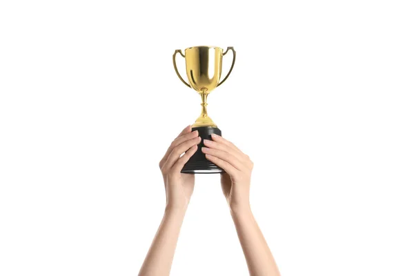 Woman Holding Gold Trophy Cup White Background Closeup — Stock Photo, Image