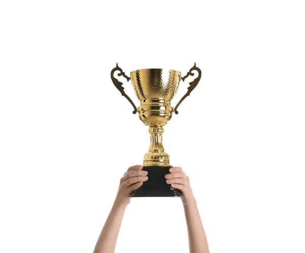 Woman Holding Gold Trophy Cup White Background Closeup — Stock Photo, Image