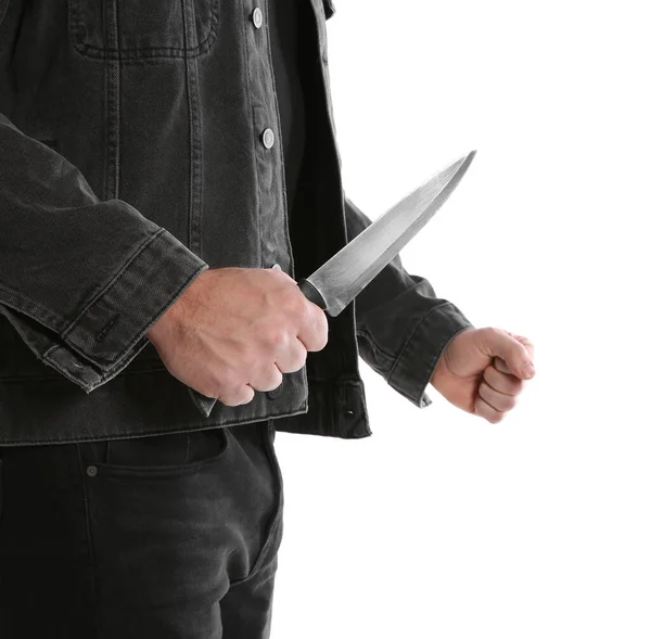 Homme Avec Couteau Sur Fond Blanc Gros Plan Criminel Dangereux — Photo
