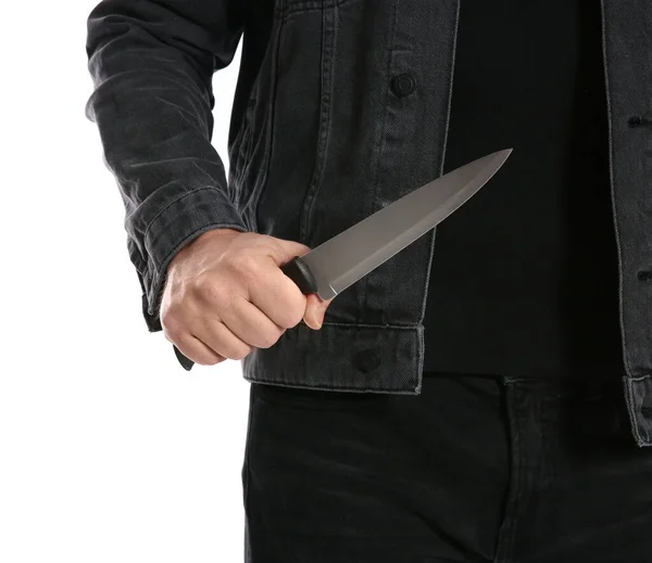 Mann Mit Messer Auf Weißem Hintergrund Nahaufnahme Gefährlicher Verbrecher — Stockfoto