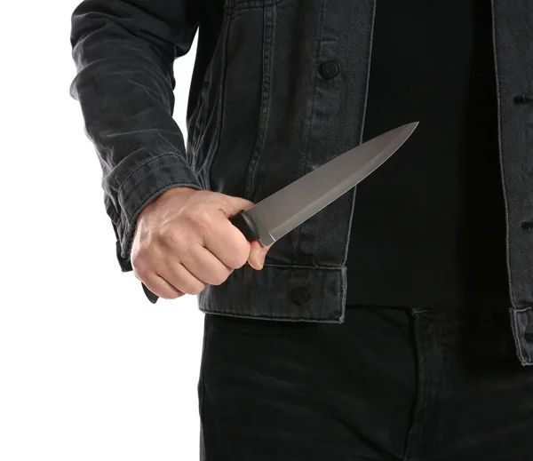 Man Med Kniv Vit Bakgrund Närbild Farlig Brottsling — Stockfoto