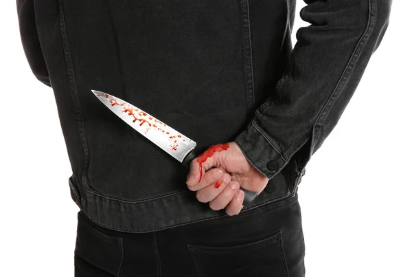 Homme Avec Couteau Sanglant Derrière Dos Sur Fond Blanc Gros — Photo