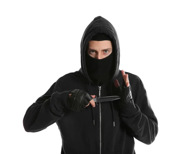 Uomo Maschera Con Coltello Sfondo Bianco Criminale Pericoloso — Foto Stock