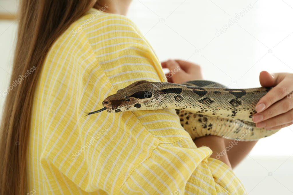 Young woman with boa constrictor at home, closeup. Exotic pet