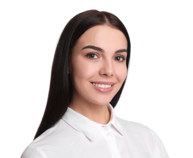 Beyaz arka planda genç bir iş kadınının portresi