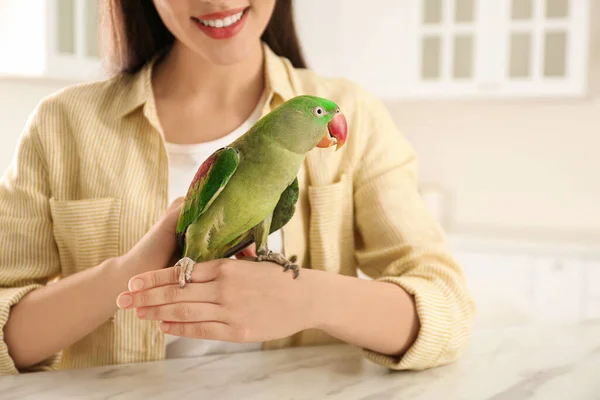 Mujer Joven Con Perico Alejandrino Dentro Primer Plano Linda Mascota —  Fotos de Stock