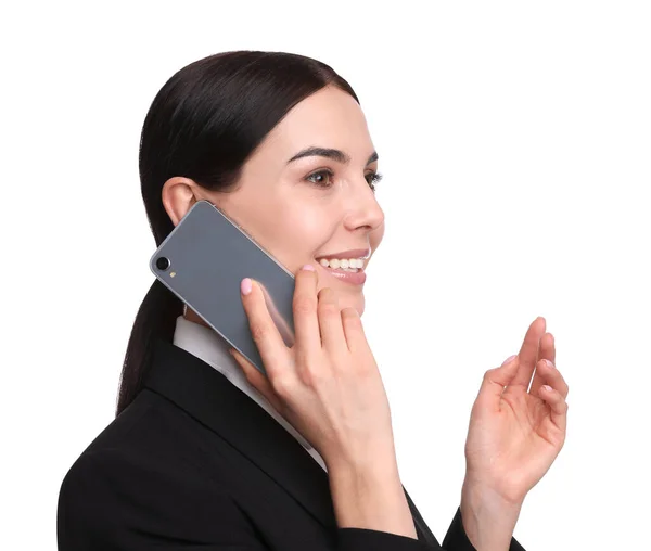 Junge Geschäftsfrau Telefoniert Vor Weißem Hintergrund — Stockfoto