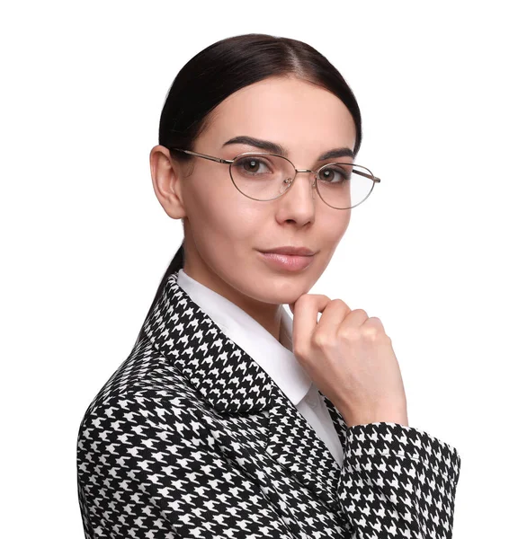 Портрет Молодой Предпринимательницы Белом Фоне — стоковое фото