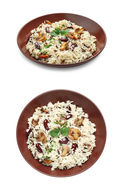 Collage Deliciosa Pilaf Sobre Fondo Blanco — Foto de Stock