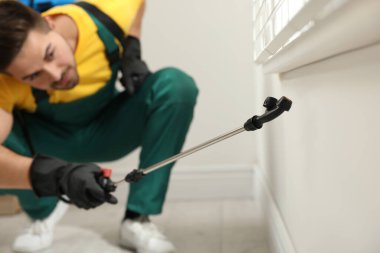 Evdeki pencere eşiğine böcek ilacı sıkan haşere kontrol işçisi, cihaza odaklan