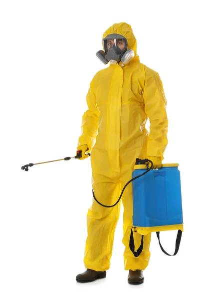 Man Wearing Protective Suit Insecticide Sprayer White Background Pest Control — Stock Photo, Image