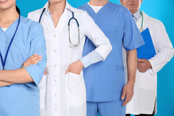 Group Doctors Blue Background Closeup View — Stock Photo, Image