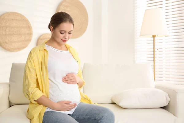 Young Pregnant Woman Sofa Home Space Text — Stock Photo, Image