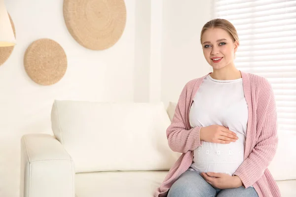 Een Jonge Zwangere Vrouw Bank Thuis Ruimte Voor Tekst — Stockfoto