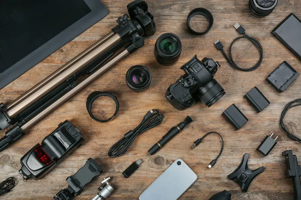 Flat Lay Composition Camera Video Production Equipment Wooden Table — Stockfoto