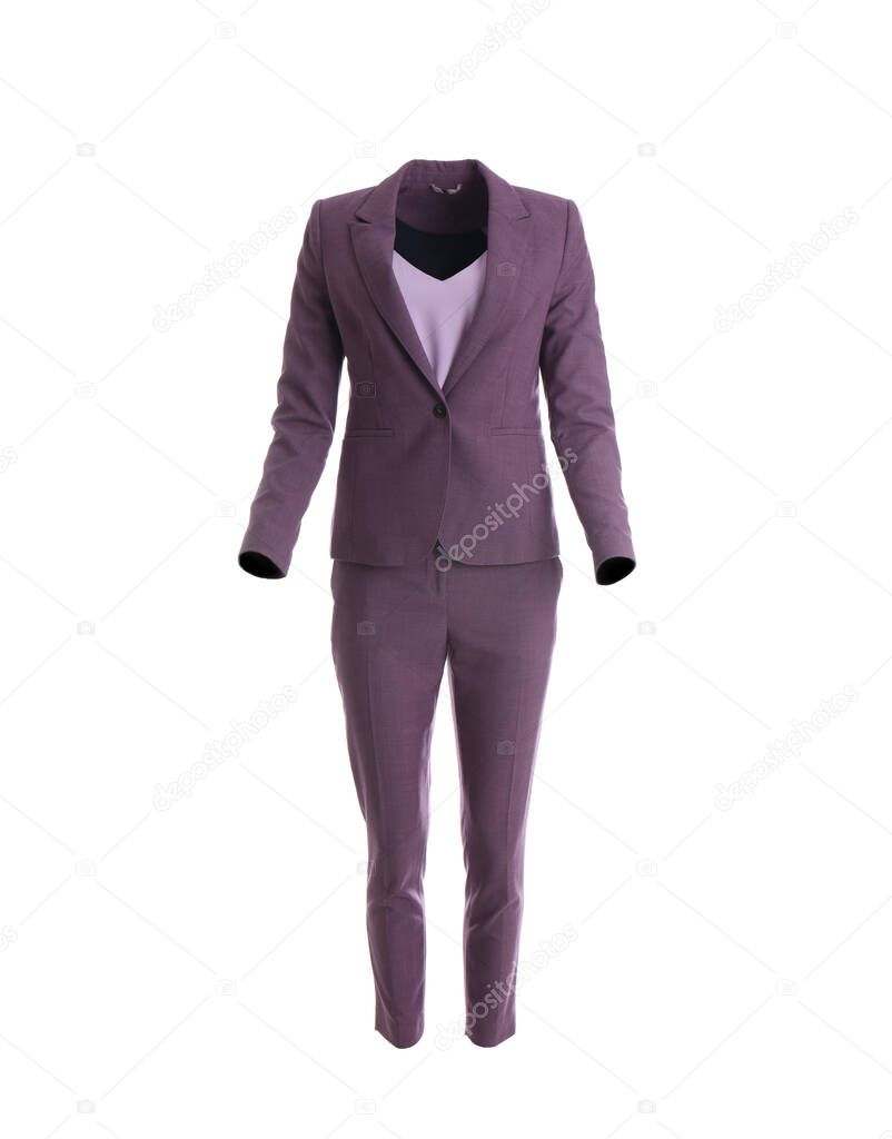 Elegant purple suit and tank top on mannequin against white background. Women's clothes