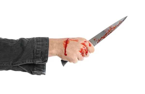 Homme Avec Couteau Sanglant Sur Fond Blanc Gros Plan Criminel — Photo
