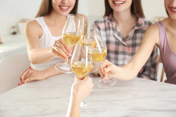 Beautiful Young Ladies Toasting Home Closeup Woman Day — Stock Photo, Image