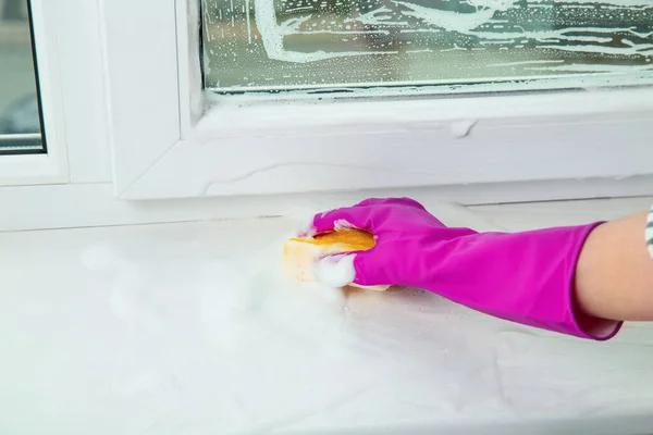 실내에서 스폰지 사용하여 창문턱을 청소하는 — 스톡 사진