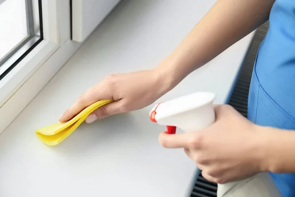 Woman Cleaning Window Sill Rag Detergent Indoors Closeup — Stock Photo, Image