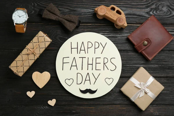 Card Phrase Happy Father Day Male Accessories Black Wooden Background — Stock Photo, Image