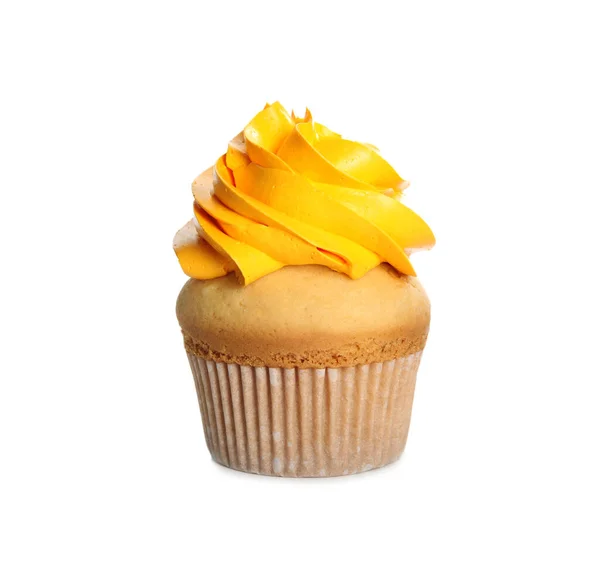 精美的纸杯蛋糕 用白色的黄色奶油装饰 生日请吃 — 图库照片