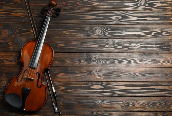 Violino Classico Fiocco Sfondo Legno Vista Dall Alto Spazio Testo — Foto Stock