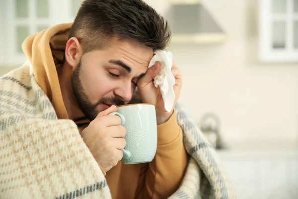 Sick Young Man Cup Hot Drink Tissue Home Influenza Virus — Stock Photo, Image