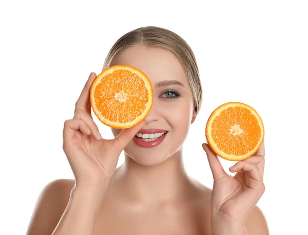 Young Woman Cut Orange White Background Vitamin Rich Food — Stock Photo, Image