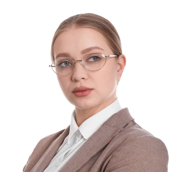 Portret Młodej Bizneswoman Białym Tle — Zdjęcie stockowe