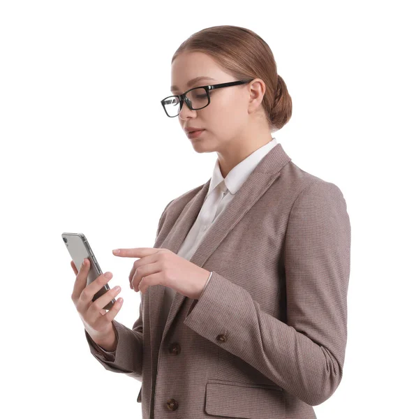 Jovem Empresária Com Telefone Celular Fundo Branco — Fotografia de Stock