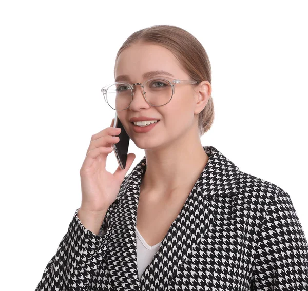 Junge Geschäftsfrau Telefoniert Vor Weißem Hintergrund — Stockfoto