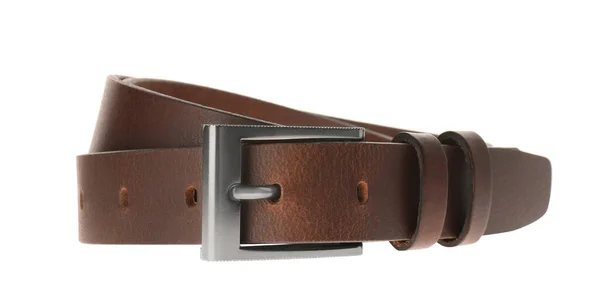 Stylish Brown Leather Belt Isolated White — Stock Photo, Image