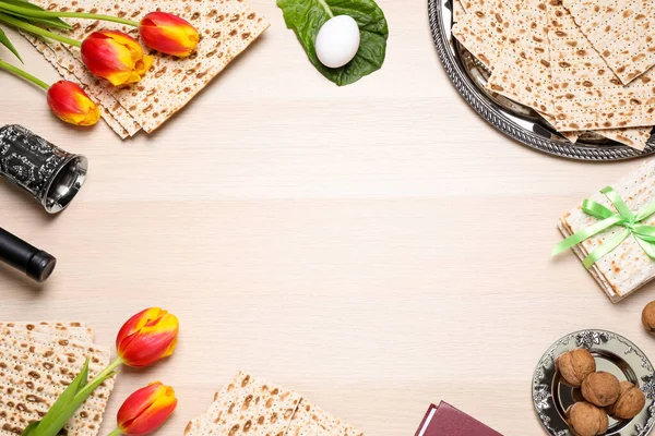 Flat Lay Composition Symbolic Pesach Passover Seder Items Wooden Table — Stock Photo, Image