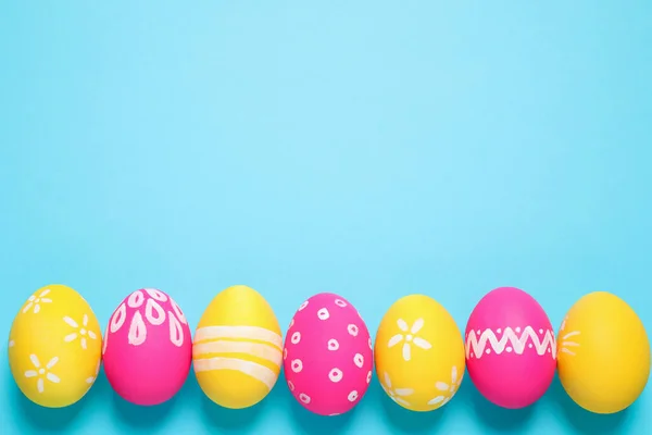 Colorful Easter Eggs Light Blue Background Flat Lay Space Text — Stock Photo, Image