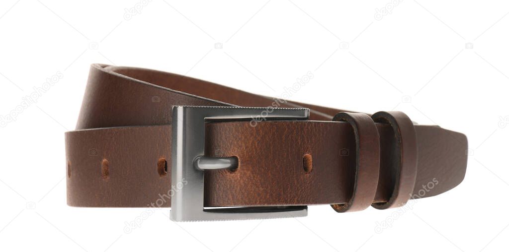 Stylish brown leather belt isolated on white