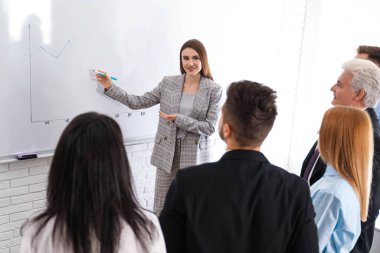 Ofisteki insanlarla çalışan profesyonel bir iş eğitmeni.
