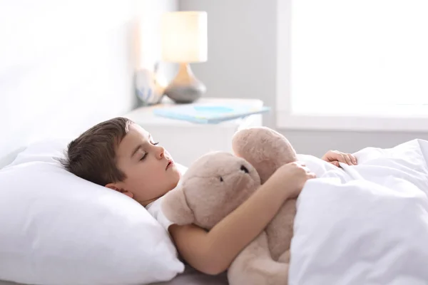 Little Boy Sleeping Teddy Bear Home Bedtime — 스톡 사진