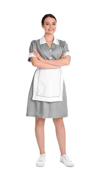 Giovane Cameriera Uniforme Sfondo Bianco — Foto Stock