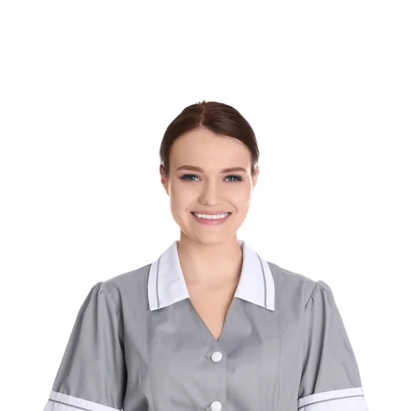 Unga Chambermaid Uniform Vit Bakgrund — Stockfoto
