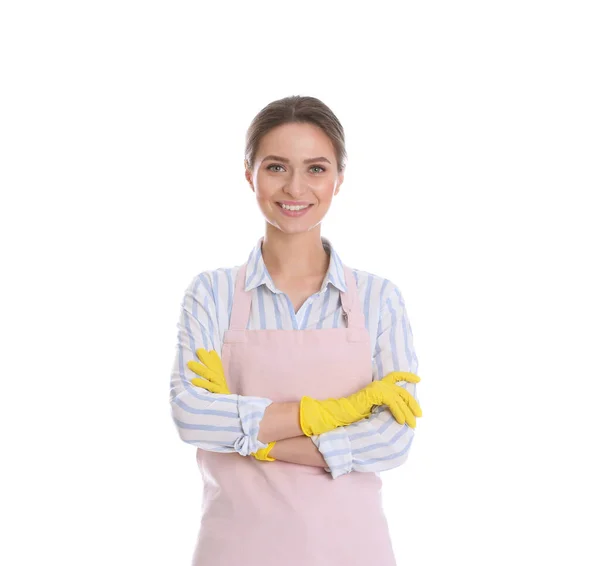 Junges Zimmermädchen Trägt Handschuhe Auf Weißem Hintergrund — Stockfoto