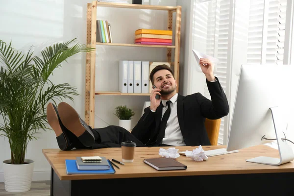 Lazy Employee Playing Paper Plane Table Office — Stock Photo, Image