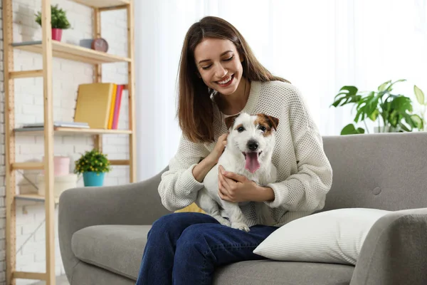 Jonge Vrouw Met Haar Schattige Jack Russell Terrier Bank Thuis — Stockfoto