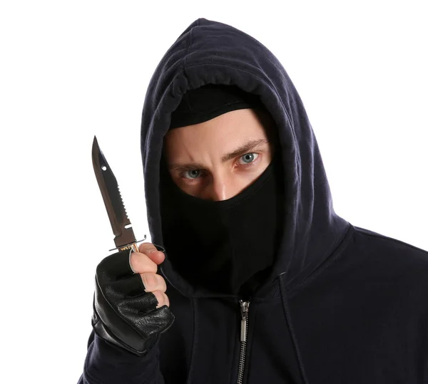 Man Mask Med Kniv Vit Bakgrund Farlig Brottsling — Stockfoto