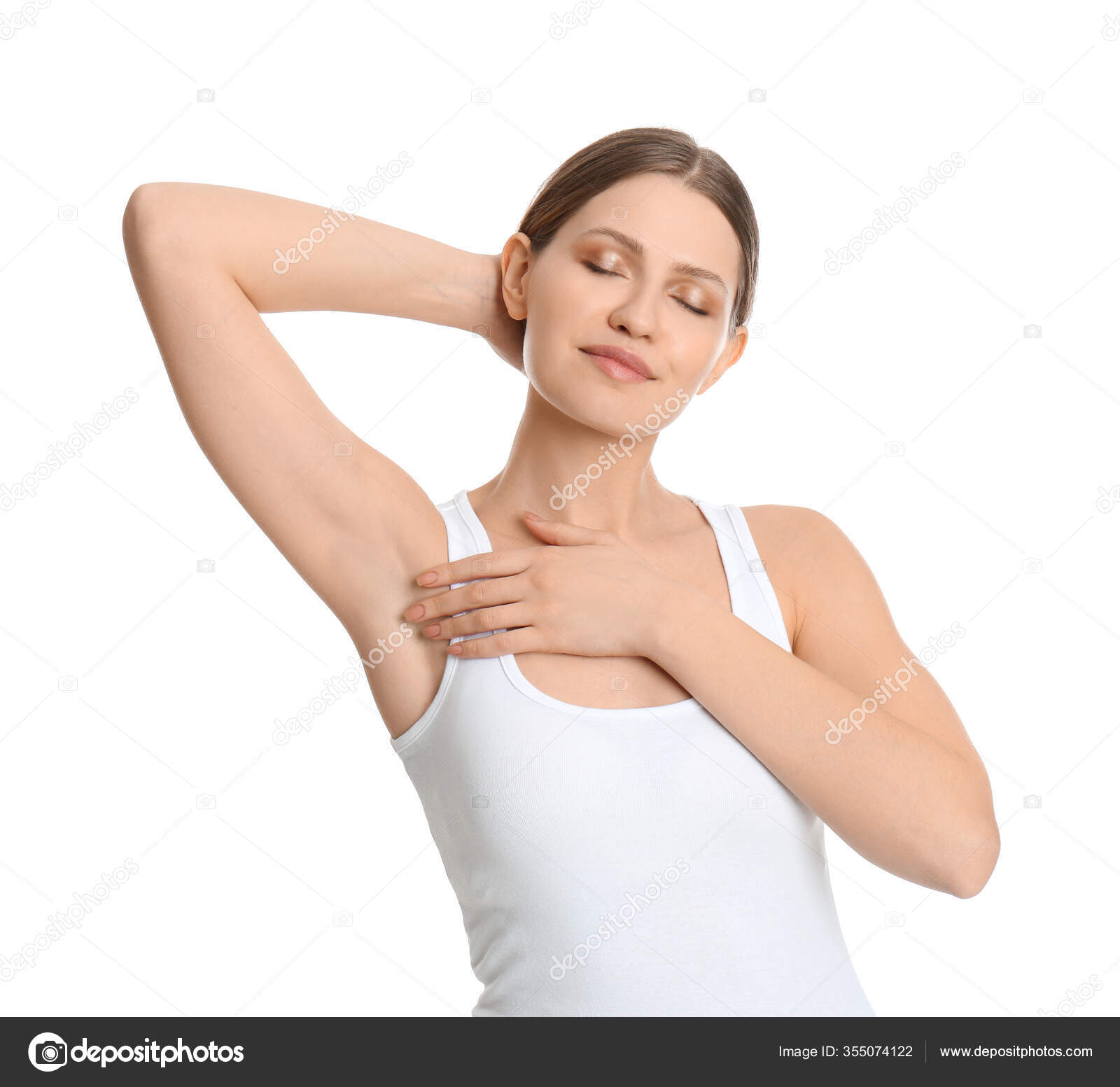 Young Beautiful Woman Showing Armpit Smooth Clean Skin White Background