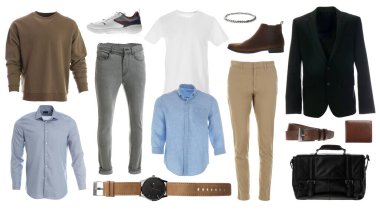 Beyaz arkaplanda şık kıyafet koleksiyonu