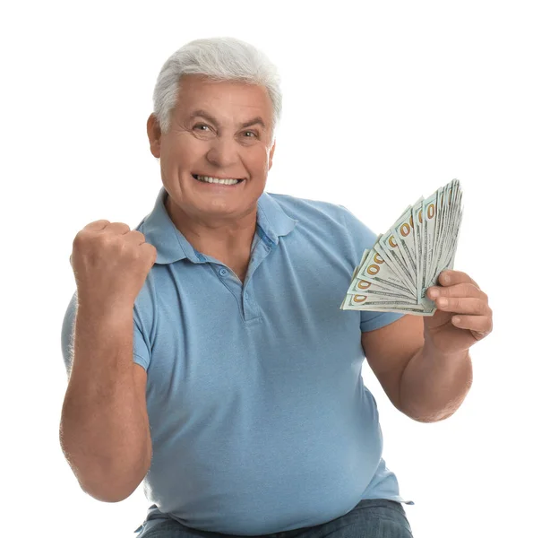 Эмоциональный Пожилой Человек Деньгами Белом Фоне — стоковое фото