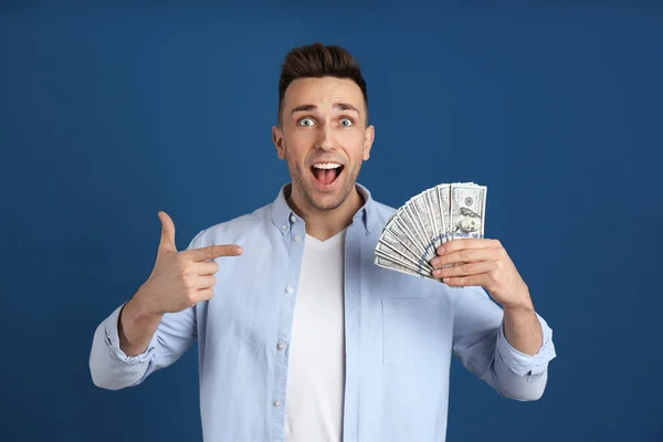 Emotional Man Cash Money Blue Background — Stock Photo, Image