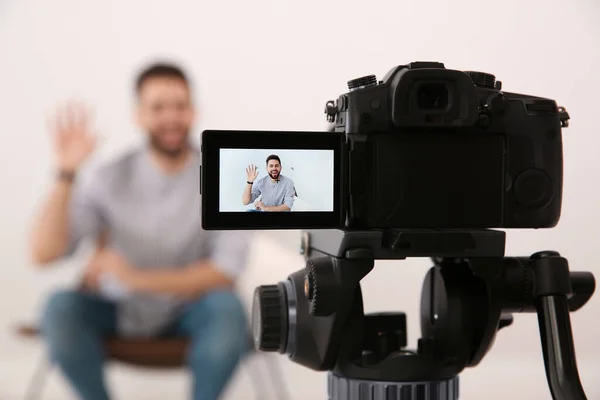 Young Blogger Recording Video Indoors Focus Camera Screen — Stock Photo, Image